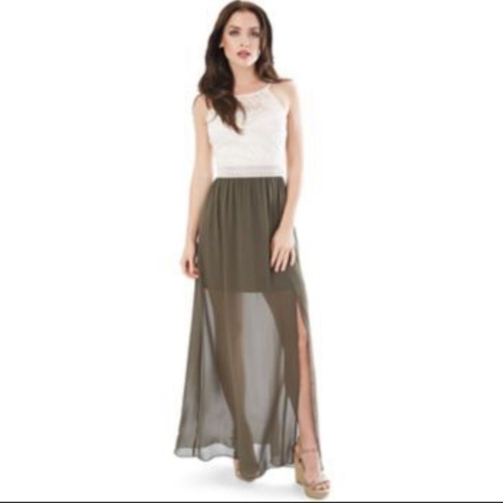 IZ Byer BoHo, hippie, cream & olive  maxi dress XS